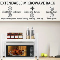 3-Tier Expandable Microwave Oven Rack with 6 Hooks And 3 Towel Racks, Includes a Chopstick Holder, Cutting Board Holder, Spice Rack, And Kitchen Storage Rack. Suitable for Kitchens, Offices, And Storage Rooms. Extends 40-64 Cm (Black, White)
