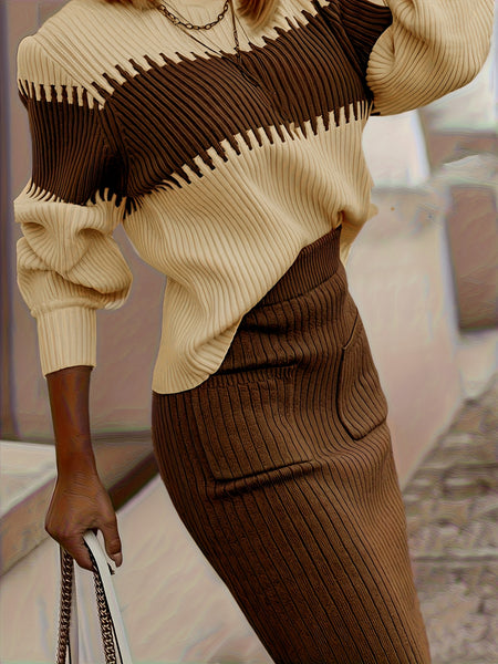 High Neck Pullover Skirt Split Two-Piece Color Block Contrast Thick Long Sleeve Sweater Set, Winter Wardrobe, Elegant Style, Color Block Design, Thick Fabric, Pullover Top, Long Sleeve Skirt, Women'S Fashion, Office Wear