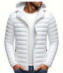 Men's Stand Collar Hooded Jacket - Warm, Windproof Thickened Coat, Detachable Hood, Solid Color Design, Thickened Nylon Fabric for Cold Weather, Casual Style, Zip Closure, Dry Clean Only, Winter Stand Collar Hooded Thickened Coat