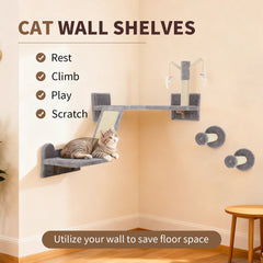 Pet Wall Furniture, 3pcs Cat Shelves with Scratching Posts, Scratching Pads, Perches, Cat Wands, Toy Balls, Corner Design Cat Wall Shelves for Indoor Cats, Kittens, Light Grey