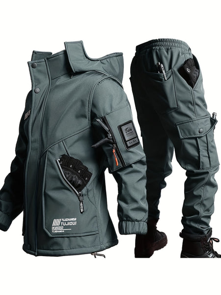 Men'S Thick Fleece Winter Warm Set, Workwear Casual Jacket with Hooded Zipper, Multi-Pocket Jacket, Casual Autumn Winter Men'S Jacket, Long Pants, Fleece Set, Warm Outdoor Hiking, Wear-Resistant