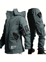 Men'S Thick Fleece Winter Warm Set, Workwear Casual Jacket with Hooded Zipper, Multi-Pocket Jacket, Casual Autumn Winter Men'S Jacket, Long Pants, Fleece Set, Warm Outdoor Hiking, Wear-Resistant