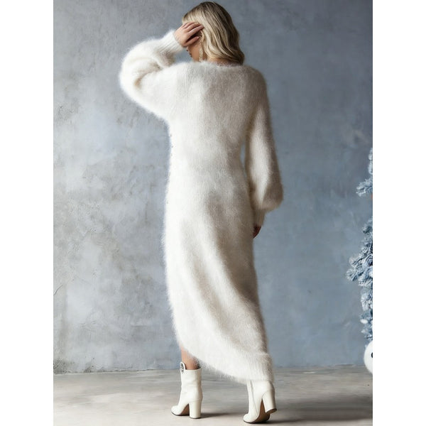 2026 Autumn and Winter V-neck Loose Lazy Style Button Decoration Slit Dress Temperament