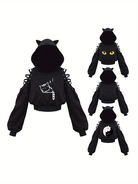 Womens Fashion Printing Sweatshirt Casual Bandage Long Sleeve Exposed Navel Hooded T-shirt