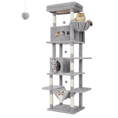 Cat Tree for Indoor Cats, 210cm Large Tall Cat Tower, Multi-Level Cats House with Condo, 8 Scratching Posts, Hammock, 4 Pom Poms