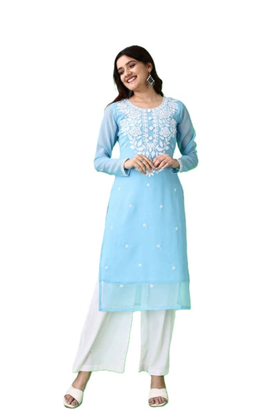 Estationeryhouse Women's Georgette Lucknowi chikankari kurti, Rose Design with Heavy Embroidery, Without Bottom