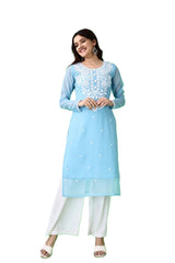 Estationeryhouse Women's Georgette Lucknowi chikankari kurti, Rose Design with Heavy Embroidery, Without Bottom