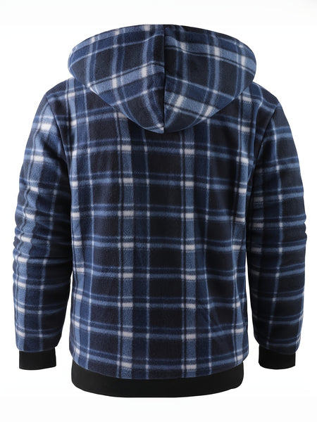 Men's Heavyweight -Lined Hooded Jacket - Full-Zip Plaid Thickened Shirt with Pockets and Adjustable Drawstring, Comfortable and Warm for Autumn and Winter