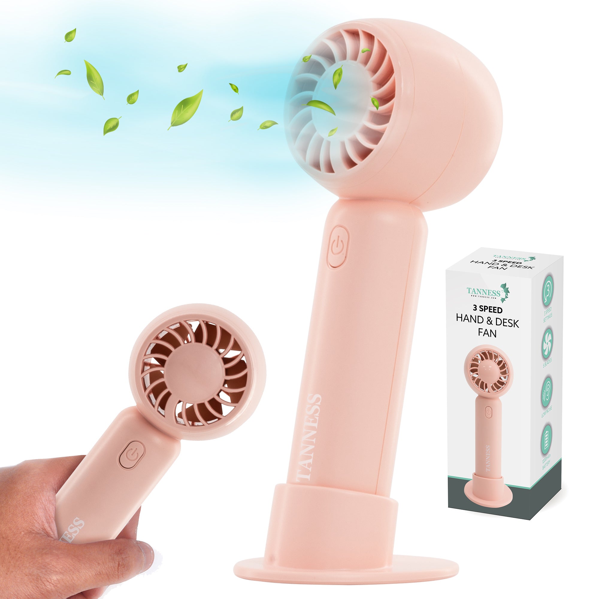 TANNESS 3 Speeds Handheld Fan - Rechargeable, Portable, Foldable With Detachable Base | USB Mini Hand Fan for Table, Desk - Quiet Standing Fan