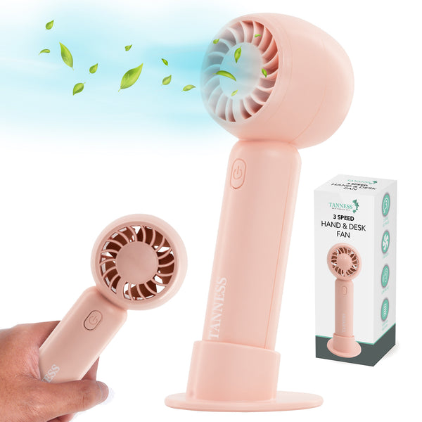 TANNESS 3 Speeds Handheld Fan - Rechargeable, Portable, Foldable With Detachable Base | USB Mini Hand Fan for Table, Desk - Quiet Standing Fan
