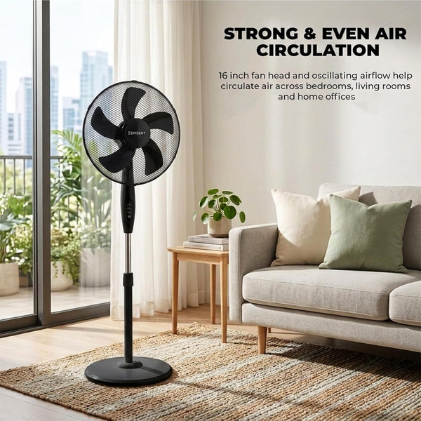 EPISENT 16 Inch Pedestal Fan – Adjustable Height Standing Fan with 3 Speed Settings, Oscillating Cooling Fan with Tilt Head for Home, Bedroom, Office & Living Room