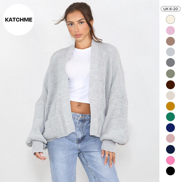 KatchMe Women's Commuter Versatile Balloon Sleeve Knit Short Cardigan ，Casual Knitwear for Lady, Plain Open-Front Side Pocket Womenswear