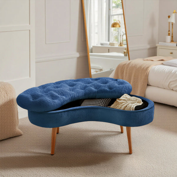 Nordic Modern Arc-shaped Design Quilted Button Fabric Upholstered Storage Stool Shoe Changing Stool with Wooden Legs, Large Capacity Shoe Changing Stool At The Entrance of The Living Room, Storage Bench At The Bed End, Blue, 103*50*46cm