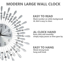 Crystals 60cm Large Metal Wall Clock – Luxury Sunburst Design, Handcrafted Diamante Beaded Clock for Living Room, Modern Decorative Wall Clock for Home & Office (Silver)