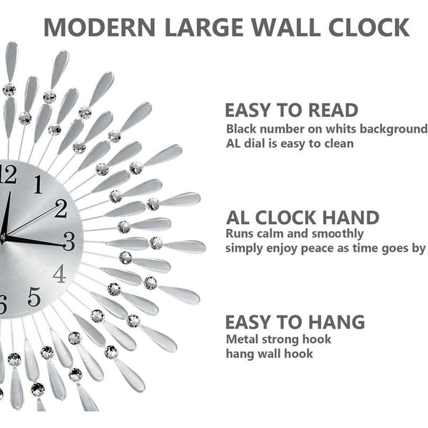 Crystals 60cm Large Metal Wall Clock – Luxury Sunburst Design, Handcrafted Diamante Beaded Clock for Living Room, Modern Decorative Wall Clock for Home & Office (Silver)