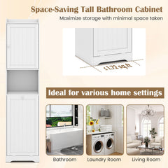 GYMAX 170 CM Bathroom Cabinet, Tall & Slim Linen Tower with Storage, Adjustable Shelf, Laundry Bag with Long & Short Handles, Open Shelf, Freestanding Laundry Cabinet, White