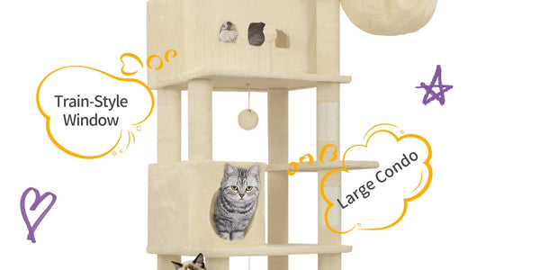 Cat Tree for Indoor Cats, 210cm Large Tall Cat Tower, Multi-Level Cats House with Condo, 8 Scratching Posts, Hammock, 4 Pom Poms