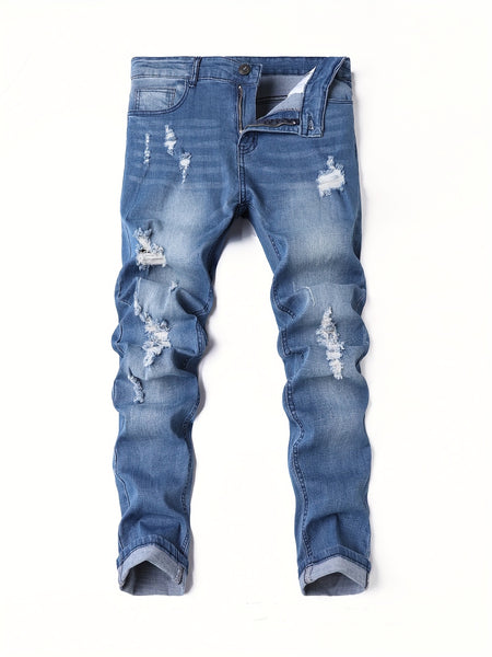 Men's Stretchy Jeans with Ripped Holes - Trendy and Versatile Long Pants