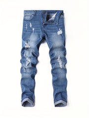 Men's Stretchy Jeans with Ripped Holes - Trendy and Versatile Long Pants