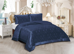 3 Piece Velvet Quilted Bedspread Set Jacquard Damask Bed Cover with Pillow Shams | Luxury Soft Polyester Bedspread for Double King Super King Beds | Modern Elegant Bedroom Bedding Set