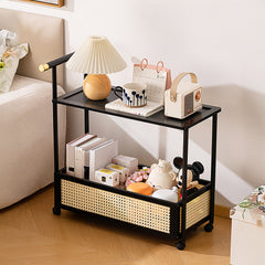 Movable sofa side table, large capacity, 50x30x70cm, double-layer design for living room and kitchen organization, versatile wicker-pattern storage basket, rolling side table, bedroom bedside storage side table, ideal for living rooms, bedrooms, and famil