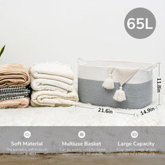 65L Large Storage Basket Blanket Baskets in Living Room, Nursery, Bedroom, Cotton Rope Baskets for Towels, Books, Toys, Dirty Clothes, Baby Storage Organiser, Grey, 65L
