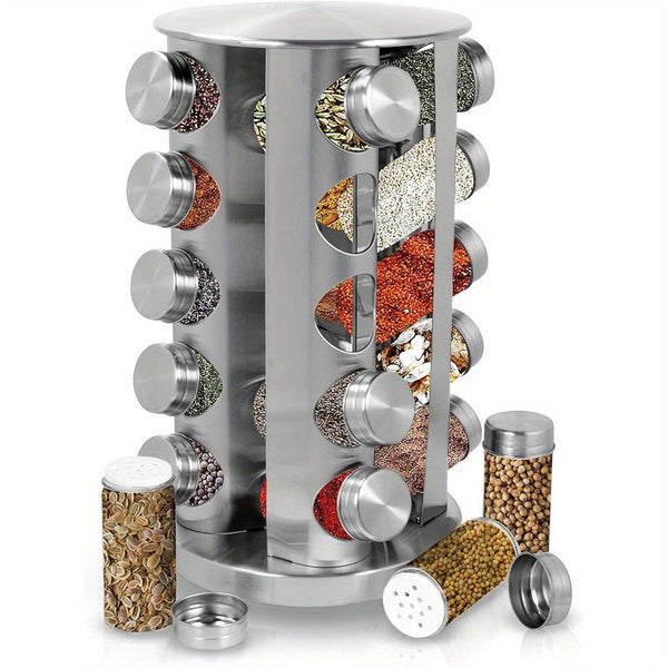 1Set Rotating Spice Rack with Glass Containers - 20pcs Refillable Spice Jars, Black Lids & Labels, Wall-Mounted Kitchen Organizer for Spices, Herbs, and Seasonings, Space-Saving Design for Countertop or Pantry, Spice Jars for Kitchen, Countertop Storage,