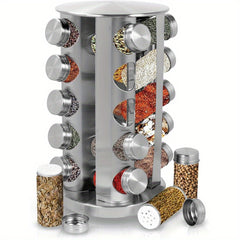 1Set Rotating Spice Rack with Glass Containers - 20pcs Refillable Spice Jars, Black Lids & Labels, Wall-Mounted Kitchen Organizer for Spices, Herbs, and Seasonings, Space-Saving Design for Countertop or Pantry, Spice Jars for Kitchen, Countertop Storage,