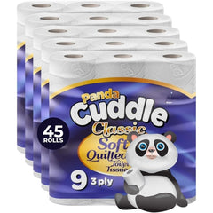 Panda Cuddle 45 Rolls, 3‑Ply Quilted Toilet Paper | Made in the UK | Luxuriously Soft, Gentle and Hypoallergenic Toilet Rolls | Family Value Pack of 45 Rolls, Gentle Bulk Bathroom Tissue, Unscented | Fast Dispatch from UK Seller
