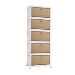 3 4 5 Tier Folding Storage Box, Plastic Collapsible Storage Box with Wheels, Stackable Storage Boxes with Lids and Front Opening Door Stackable Storage Boxes with Lids, 4 Wheels, Sturdy PP Matterial, Foldable Plastic Storage Unit for Toys/Office Supplies/