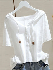 Women's Lightweight Hooded T-Shirt, Short Sleeve Henley V-Neck Top for Summer