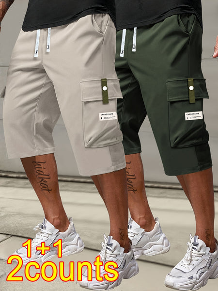 2pcs Men's Cargo Capri Pants with Drawstring Waist, Large Pockets, and Letter Patches for Summer, Fashion Casual Athletic Trousers