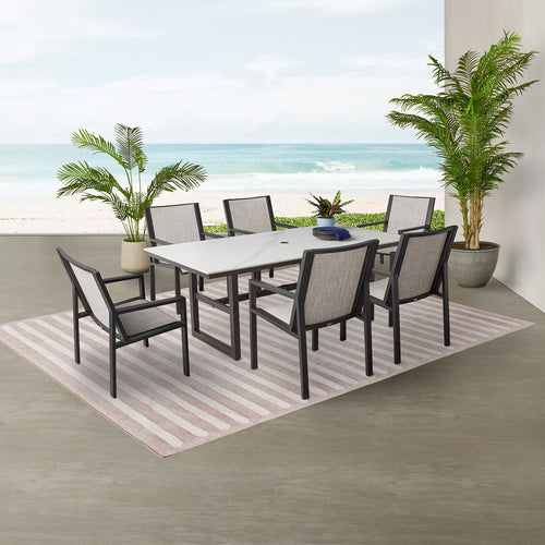 Agio Trinity 7 Piece Sling Dining Patio Set with Sintered Stone Table Top + Cover
