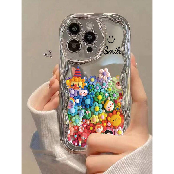 A Soft Protective Phone Case for Iphone 16/15/12/13/14 Featuring a Smiling Face Cartoon Design with an Electroplated Cream Pattern, Ideal for Women. It Is Shock-Proof, Stylish, And Thick.