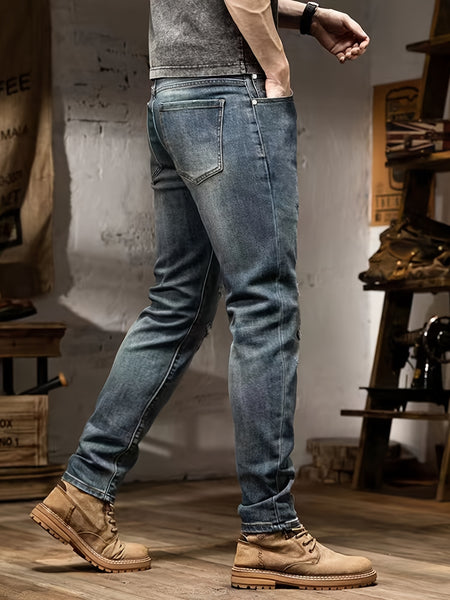 Men'S Jeans Stretch Trousers Style Cycling Men'S Pants Street Style Blue Distressed Denim Long Pants All-Season Wear