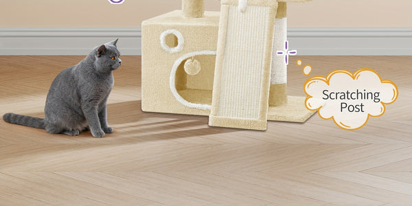 98cm Cat Tree, Cat Tower for Indoor Cats, Multi-Level Cats House Furniture with Scratching Post, 2 Caves, Large Platform, Scratching Ramp, Pompom, Light Grey