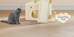 98cm Cat Tree, Cat Tower for Indoor Cats, Multi-Level Cats House Furniture with Scratching Post, 2 Caves, Large Platform, Scratching Ramp, Pompom, Light Grey