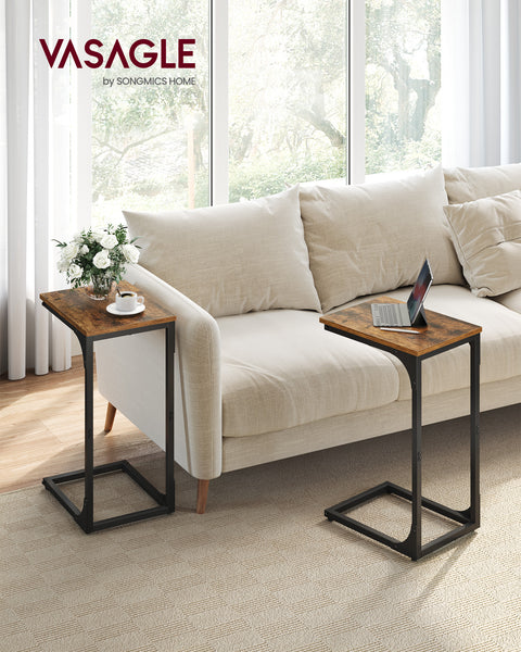 Set of 2 C-Shaped Side Table, Bedside Table, Sofa Side Table, Coffee Table, with Metal Frame, Industrial, for Living Room, Bedroom, Rustic Brown and Black
