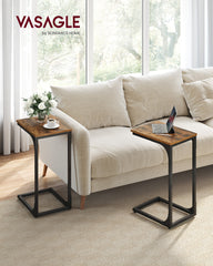 Set of 2 C-Shaped Side Table, Bedside Table, Sofa Side Table, Coffee Table, with Metal Frame, Industrial, for Living Room, Bedroom, Rustic Brown and Black