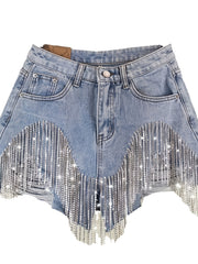 Women's High Waisted Rhinestone & Pearl Tassel Denim Shorts - Ripped Frayed Raw Hem with Sparkly Chain Fringe, Stretch Denim Hot Pants Suitable for Club Party Night Out, Machine Washable Sexy Fringe Hem Shorts