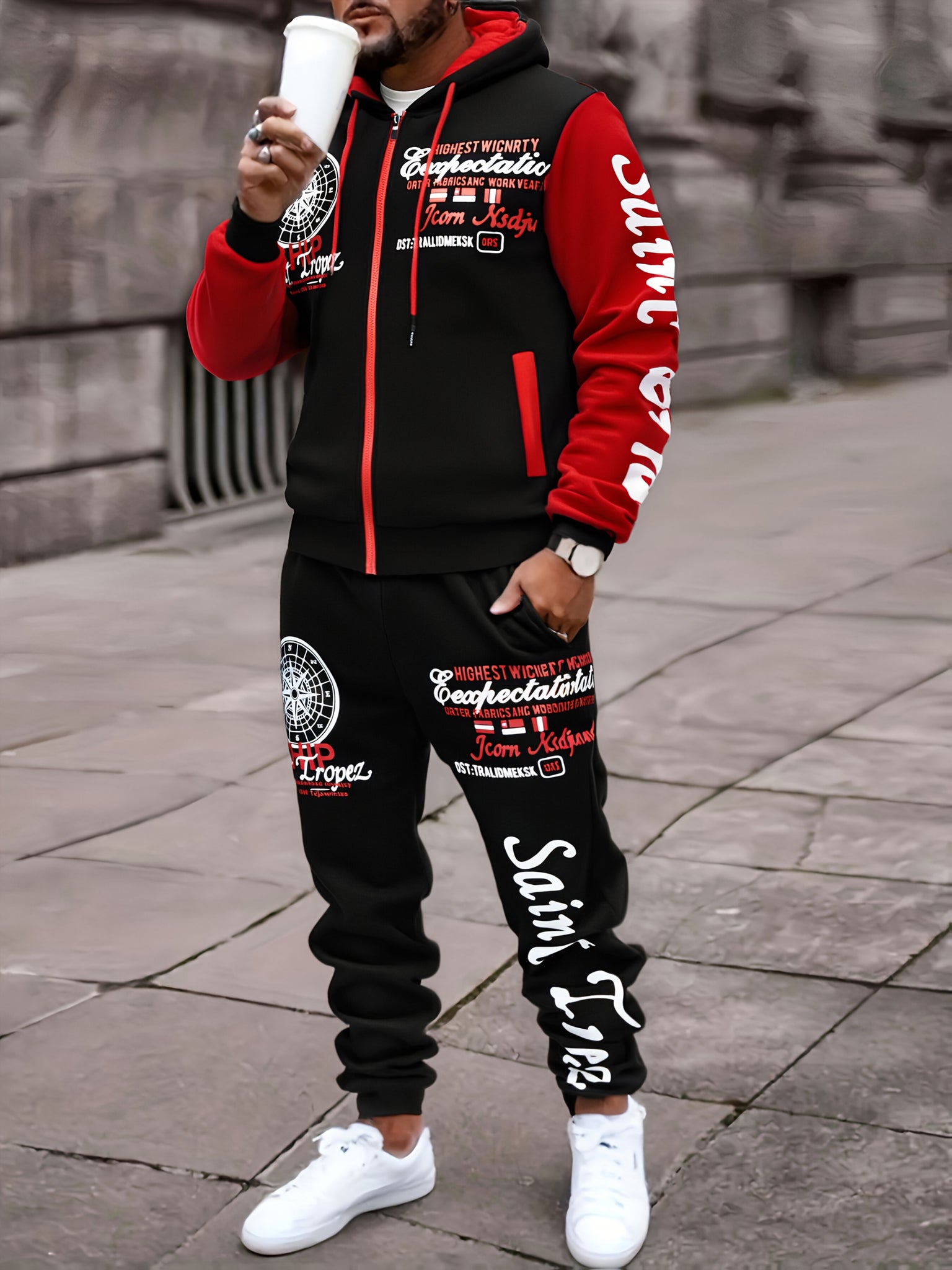 Men'S Bold Print Urban Streetwear Pullover Hoodie & Pants Set - Black & Red with 