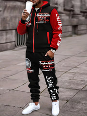 Men'S Bold Print Urban Streetwear Pullover Hoodie & Pants Set - Black & Red with 