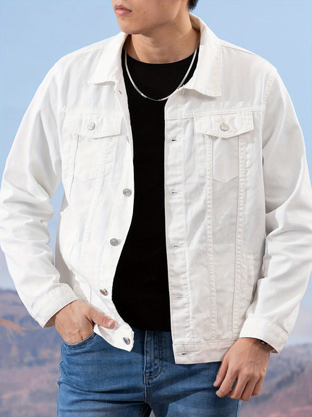 Spring and Autumn Hot Men's Denim Jacket for Teens, High-End Long Sleeve Turn- Collar Casual Coat