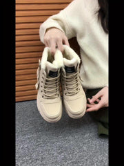 Women'S Winter Ankle Boots - Thick Cushioned Sole, Lace-Up Closure, Beige/White - PU Synthetic Cover Upper - Warm Cold Weather Boots for Everyday & Formal Outfits - Easy-Clean Shoes, Ladies Winter Boots, Casual Footwear, Plush Lined Interior, Fabric Lined