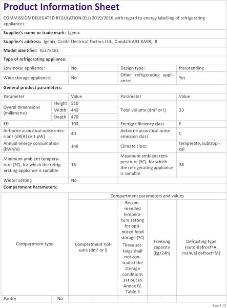 Igenix IG3751BL Table Top Mini Freezer with 33 Litre Capacity, 1 Wire Shelf, Reversible and Lockable Door, Black
