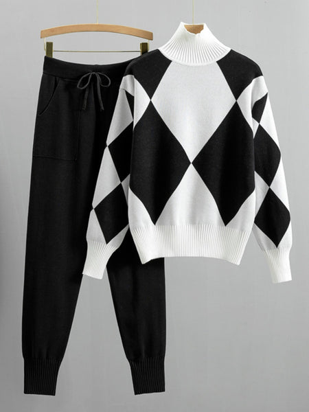 Women's New Autumn/ Winter Casual Check Pattern Sweater Set - Style Trendy Two-Piece Outfit, Perfect for Spring/ Autumu/ Winter