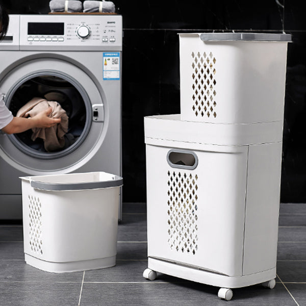1 piece, white, bathroom and toiletries storage basket, upper layer can be used separately, non perforated household multifunctional plastic dirty clothes basket, multi-layer snack, beverage, toy storage basket, household small item storage basket, freely