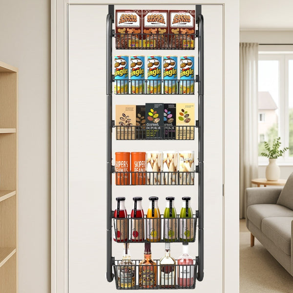 6-Tier Over Door Storage Rack - Heavy Duty Metal Hanging Organizer with Adjustable Shelves 40x150cm for Kitchen Pantry Bathroom - Black