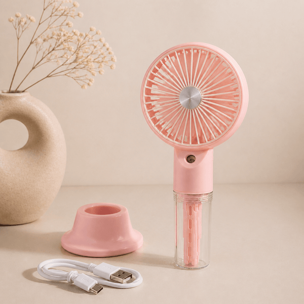 Portable USB Rechargeable Mist Fan with Adjustable Speeds, Humidifier, and LED Light – Compact and Stylish Handheld Fan for Personal Cooling