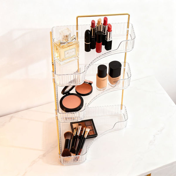 Transparent Triangular Storage Rack Golden Multi-layer, Cosmetic Layered Organizer Design, Suitable for Vanity Bedroom Bathroom, Corner Space Utilization Storage Skincare Products